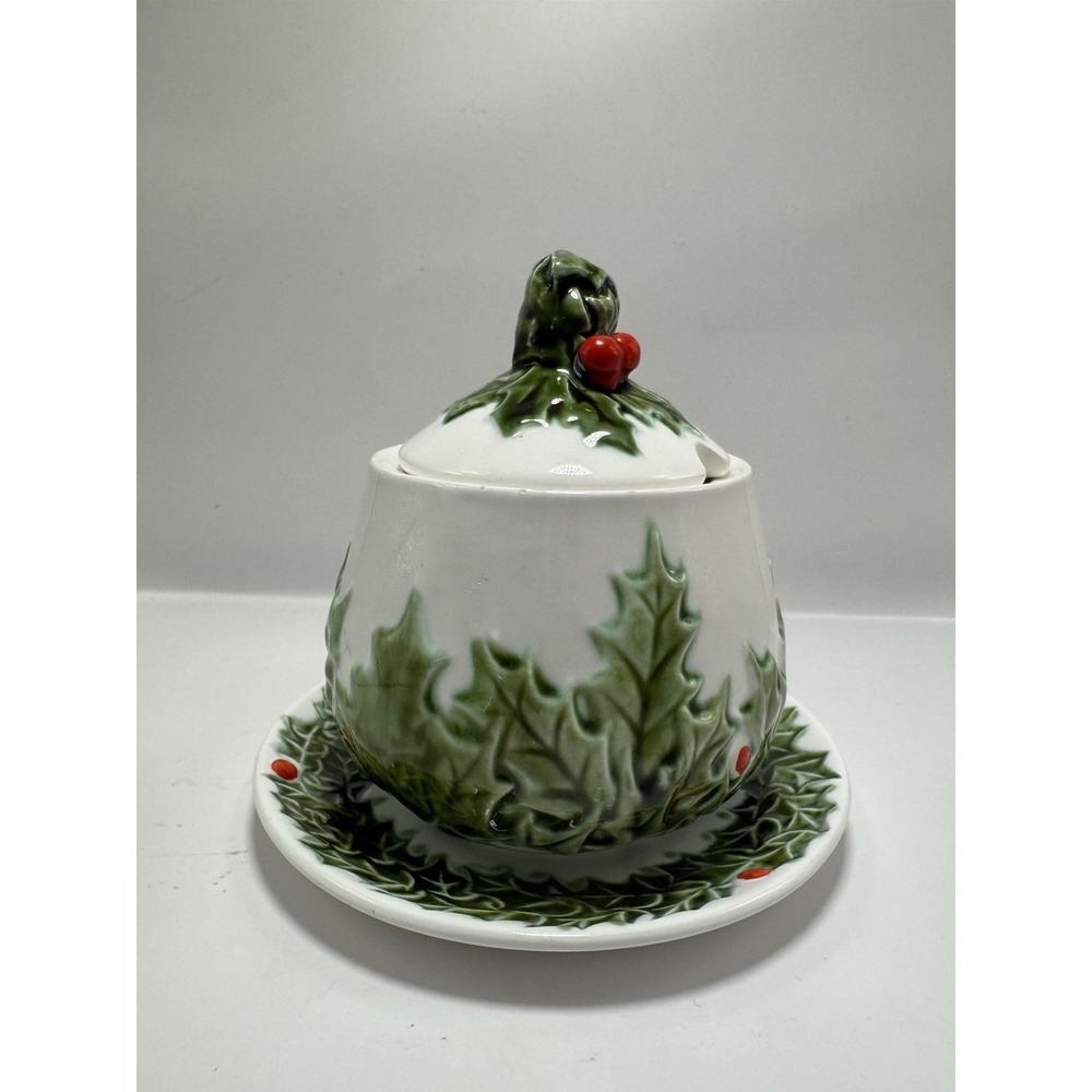 VTG ESD Lefton Ceramic Jam Jelly Jar Christmas Holly Berries No Spoon MR23188 VG